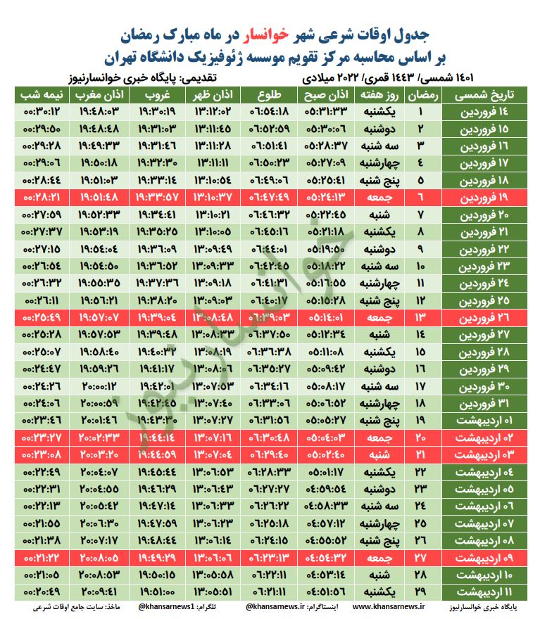 جدول اوقات شرعی خوانسار